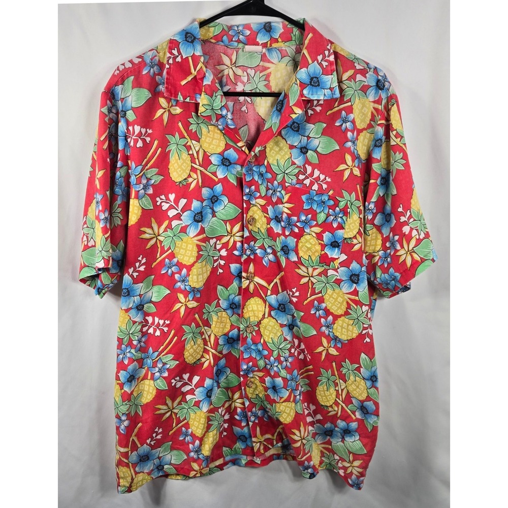 Red‎ Floral Hawaiian Shirt Pineapple Print Button Down Mens Tropical Aloha Large